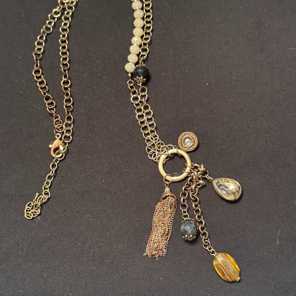Vintage Fashion Long Charm Necklace Gold tones Tassel Stones - Picture 2 of 3